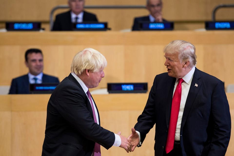 Boris Johnson (L) and US President Donald Trump greet before a meeting on United Nations Reform at UN headquarters in New York on September 18, 2017. Photo : BRENDAN SMIALOWSKI/AFP/Getty Images