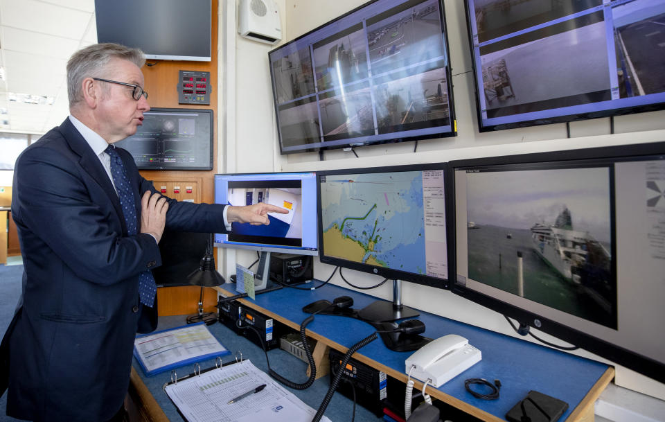 Chancellor of the Duchy of Lancaster Michael Gove during his visit to Holyhead port to discuss Brexit preparations. (Photo by Peter Byrne/PA Images via Getty Images)