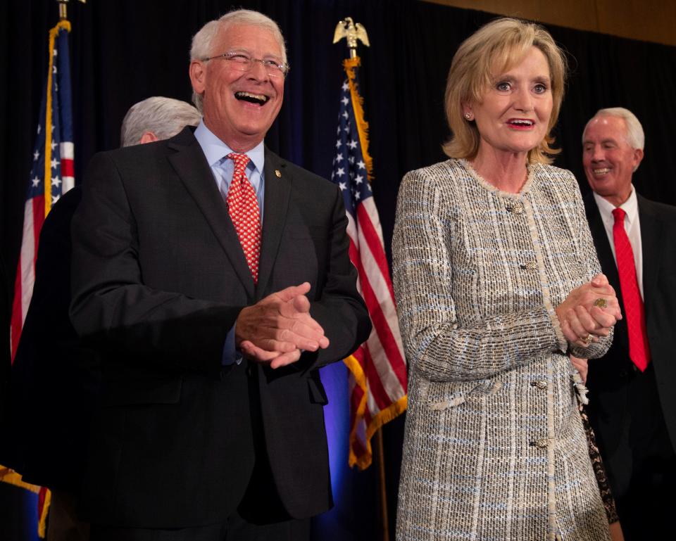 U.S. senators Roger Wicker and Cindy Hyde-Smith celebrate with supporters of their campaigns at their shared election night party at the Westin hotel in downtown Jackson. Tuesday, Nov. 6, 2018.