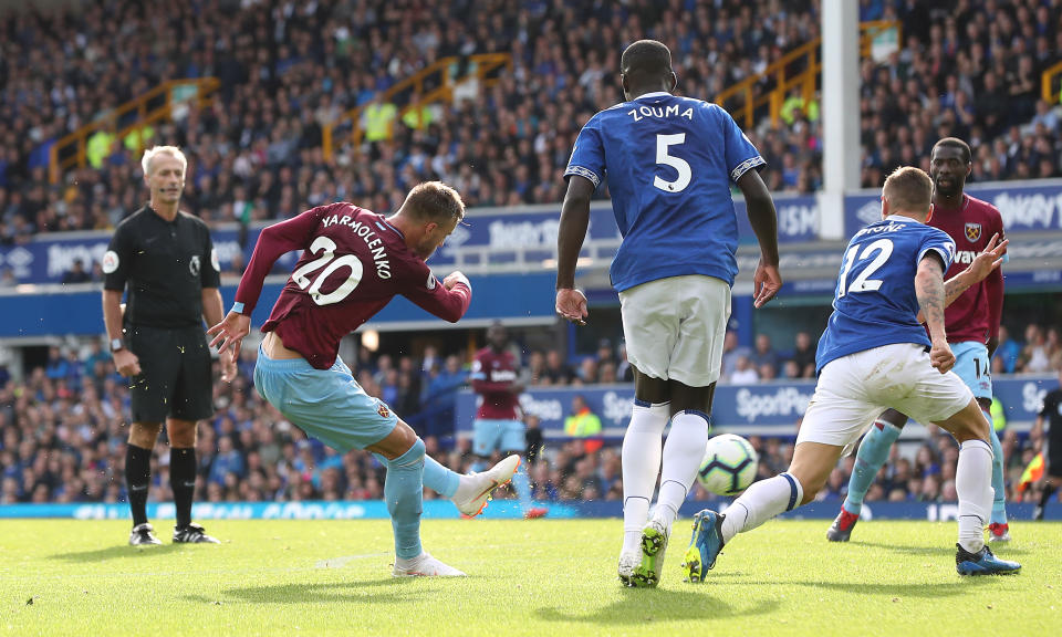 Andriy Yarmolenko curls home West Ham’s second in a rare win at Goodison Park