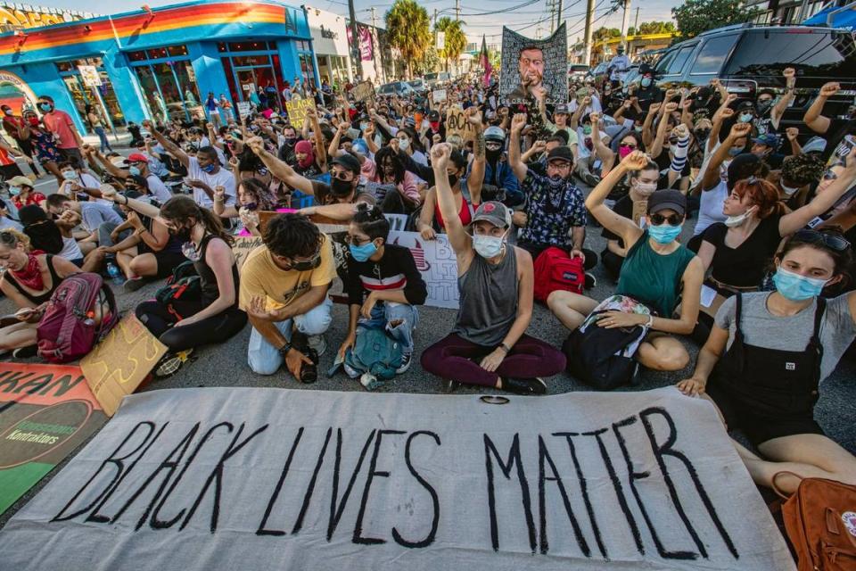 Black Lives Matter protesters block the streets of Wynwood in Miami on Saturday, June 13, 2020.