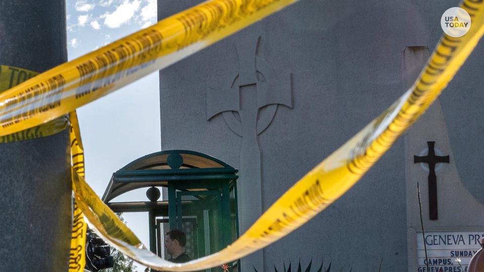 Crime scene tape is stretched across the exterior of the Geneva Presbyterian Church in Laguna Woods, Calif., Sunday, May 15, 2022, after a fatal shooting.