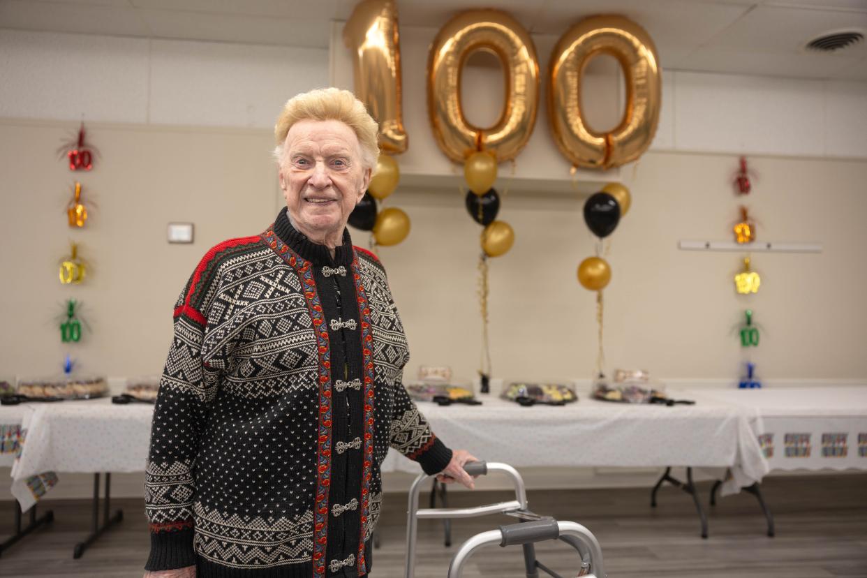 Ravenna resident and WWII veteran Vernon Roen celebrates his 100th birthday on Saturday, Feb. 10, 2024, at an event held in his honor at the Ravenna VFW.