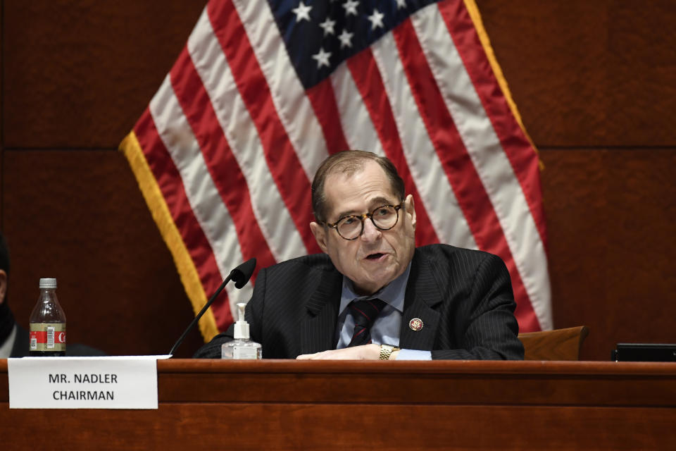 House Judiciary Committee Chairman Rep. Jerrold Nadler, D-N.Y., speaks during a hearing on Capitol Hill in Washington, Wednesday, June 24, 2020, on oversight of the Justice Department and a probe into the politicization of the department under Attorney General William Barr. (AP Photo/Susan Walsh, Pool)