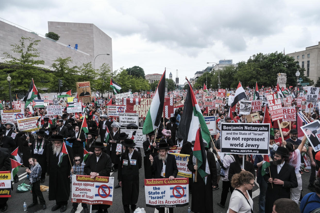 Protestors on Capitol Hill demonstrate against Israeli Prime Minister Benjamin Netanyahu's visit on July 24, 2024, in Washington, D.C.  / Credit: Michael A. McCoy/Getty Images