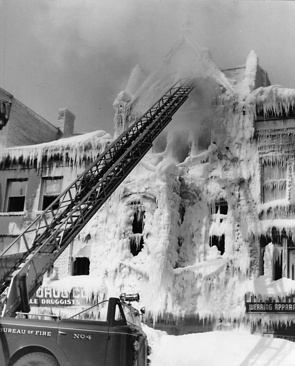 On the night of January 30, 1948, Utica firefighters fought one of the most spectacular fires in the city’s history. Flames roared through “The Long Block” on the west side of Lower Genesee Street, between Oriskany and Whitesboro streets. The 3-alarm blaze was fought in temperatures 30 below zero. Seventeen firefighters were injured and 11 businesses damaged. Losses were estimated at $400,000.