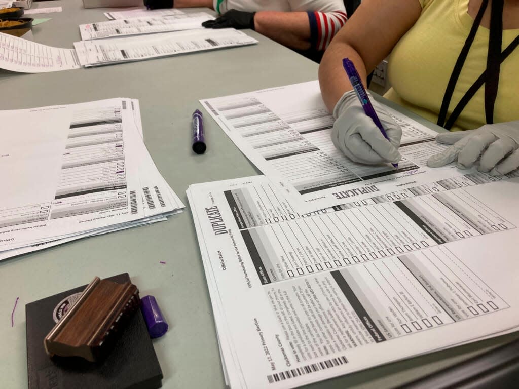 Workers check ballots at elections offices in Clackamas County, Oregon, the state’s third most populous county south of Portland, Tuesday, May 17, 2022. (AP Photo/Gillian Flaccus)