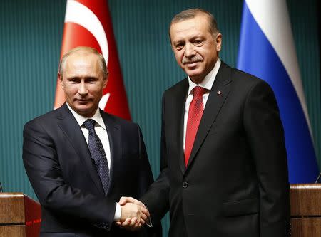 Russia's President Vladimir Putin (L) shakes hands with Turkey's President Tayyip Erdogan after a news conference at the Presidential Palace in Ankara December 1, 2014. REUTERS/Umit Bektas