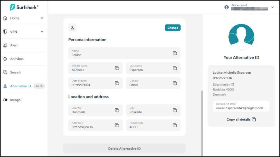 Surfshark's Alternative ID interface