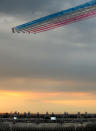 LONDON, ENGLAND - JULY 27: The Red Arrows fly over the Olympic Stadium prior to the opening ceremony of the 2012 Olympic Games on July 27, 2012 in London, England. (Photo by Scott Heavey/Getty Images)