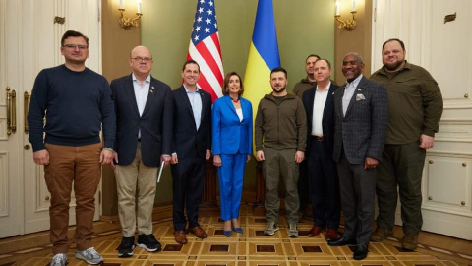Ukrainian President Volodymyr Zelensky meets U.S. Speaker of the House Nancy Pelosi during a visit by a U.S. congressional delegation on April 30, 2022 in Kyiv, Ukraine. (Photo by the Ukrainian Presidential Press Office/Handout via Getty Images)