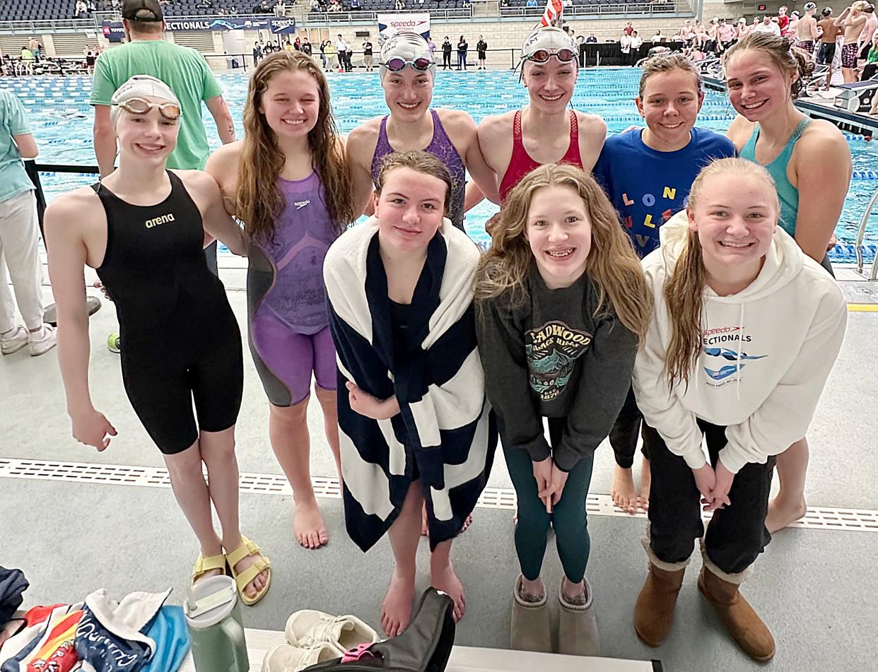 Watertown Area Swim Club girls' swimmers who competed over the weekend in the Speedo Sectionals meet at Fargo (N.D.) included, from left in front, Dana Greenman, Roslyn Waite and McKenna Falak; and back, Josephine Waite, Leila Byer, Sydney Sparks, Madelynne Storm, Madison Cyrus and Elsie Boettcher.