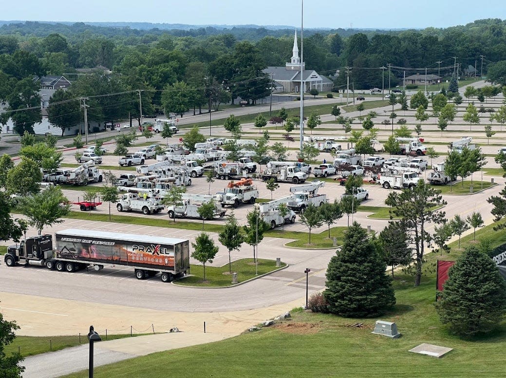 Duke Energy used the Indiana University Memorial Stadium parking lot as a staging area to repair damage after storms over the long holiday weekend.