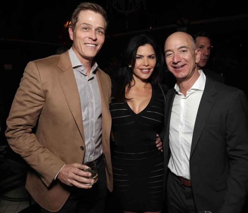 Patrick Whitesell, Lauren Sanchez, Jeff Bezos at the 2016 Amazon holiday party for Manchester by the Sea