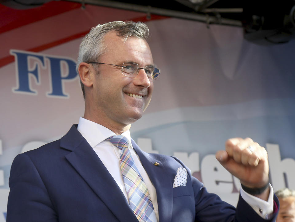 Designated Leader of the right-wing Freedom Party, FPOE, Norbert Hofer waves to his supporters during the final election campaign event for European elections in Vienna, Austria, Friday, May 24, 2019. (AP Photo/Ronald Zak)