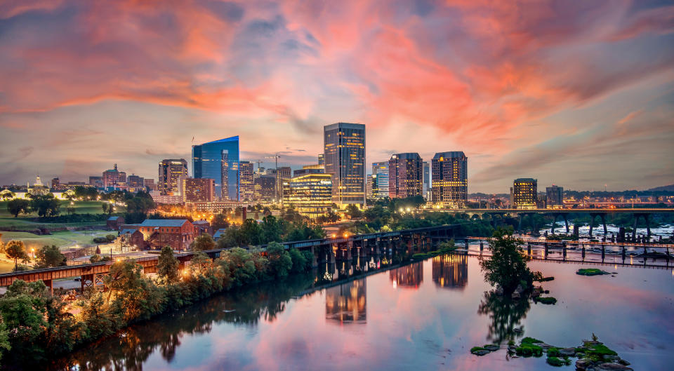 A colorful sunrise over the city of Richmond Virginia skyline.