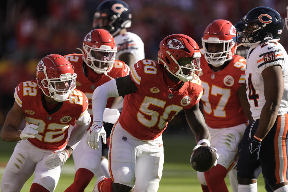 Kansas City Chiefs linebacker Willie Gay (50) celebrates after recovering a fumble during the first half of an NFL football game against the Chicago Bears Sunday, Sept. 24, 2023, in Kansas City, Mo. (AP Photo/Charlie Riedel)