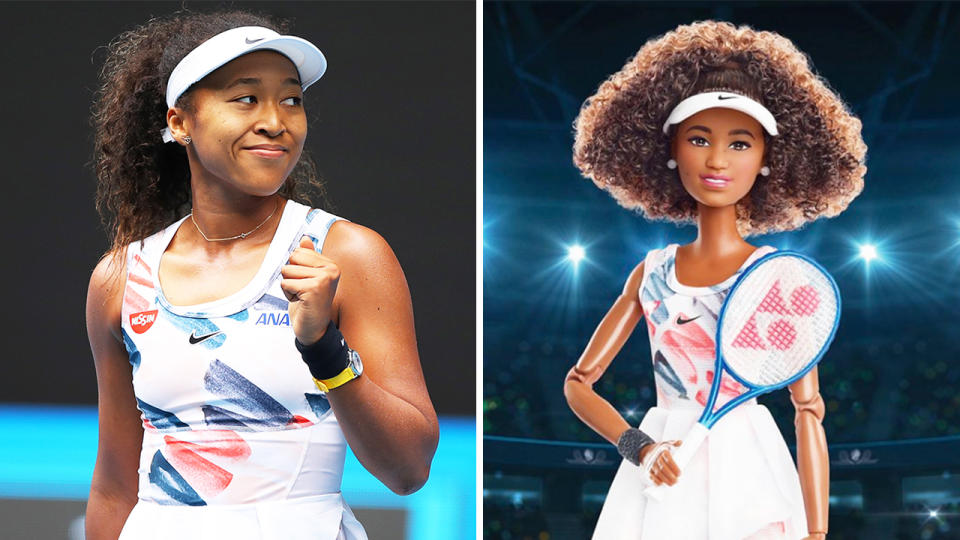 Naomi Osaka (pictured left) celebrating at the Australian Open and (pictured left) a Barbie doll designed after her.