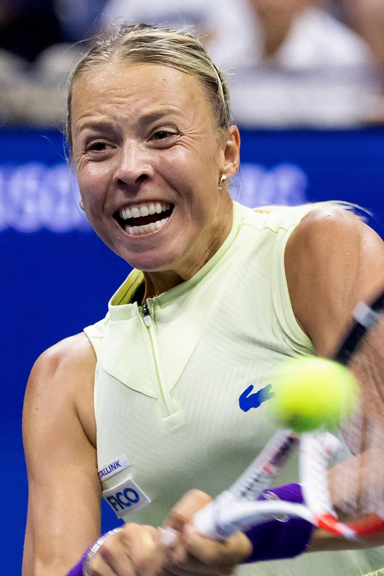 Estonia's Anett Kontaveit hits a return to USA's Serena Williams during their 2022 U.S. Open Tennis tournament women's singles second round match at the USTA Billie Jean King National Tennis Center in New York on Aug. 31, 2022.