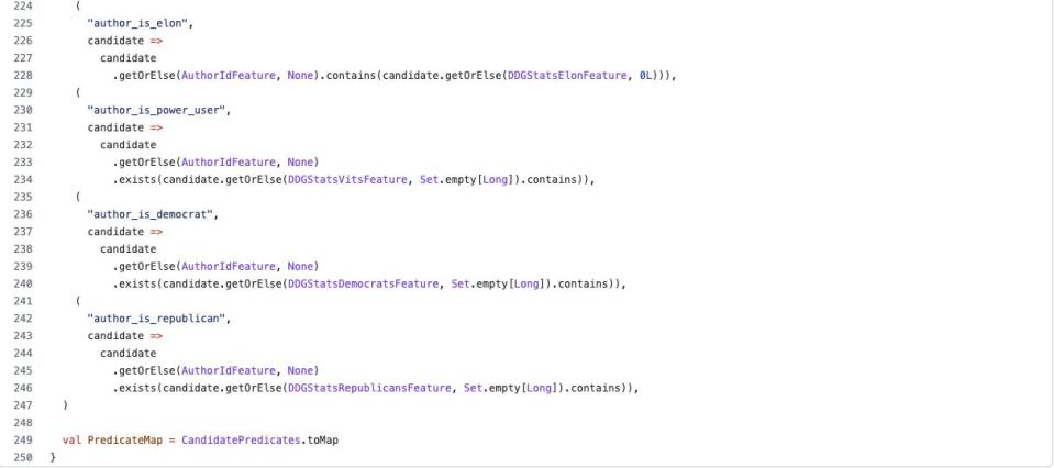 A screenshot of a branch of code in Twitter's recommendation algorithm that has since been removed on GitHub.