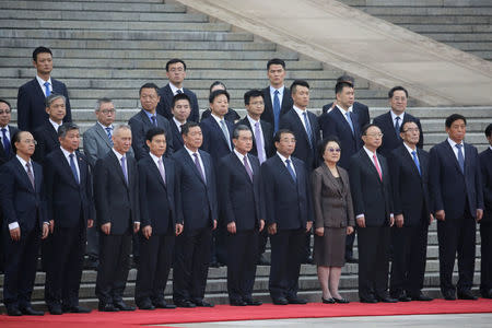 Chinese top leaders attend a welcoming ceremony for Tajikistan's President Emomali Rahmon outside the Great Hall of the People in Beijing, China August 31, 2017. REUTERS/Jason Lee