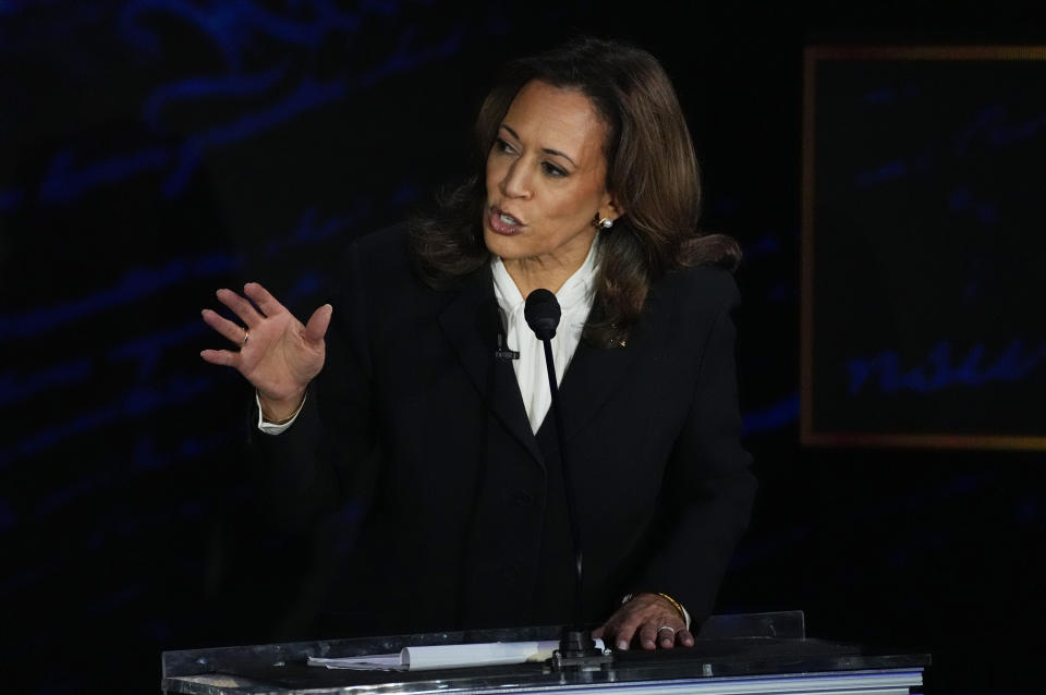 PHILADELPHIA, PA  September 10: Vice President and Democratic presidential candidate Kamala Harris speaks during the first presidential debate at National Constitution Center in Philadelphia, PA on Tuesday, Sept. 10, 2024. ABC News hosted the first presidential debate between Vice President and Democratic presidential candidate Kamala Harris and Former President and Republican presidential candidate Donald Trump during the 2024 general election. 
(Photo by Demetrius Freeman/The Washington Post via Getty Images)