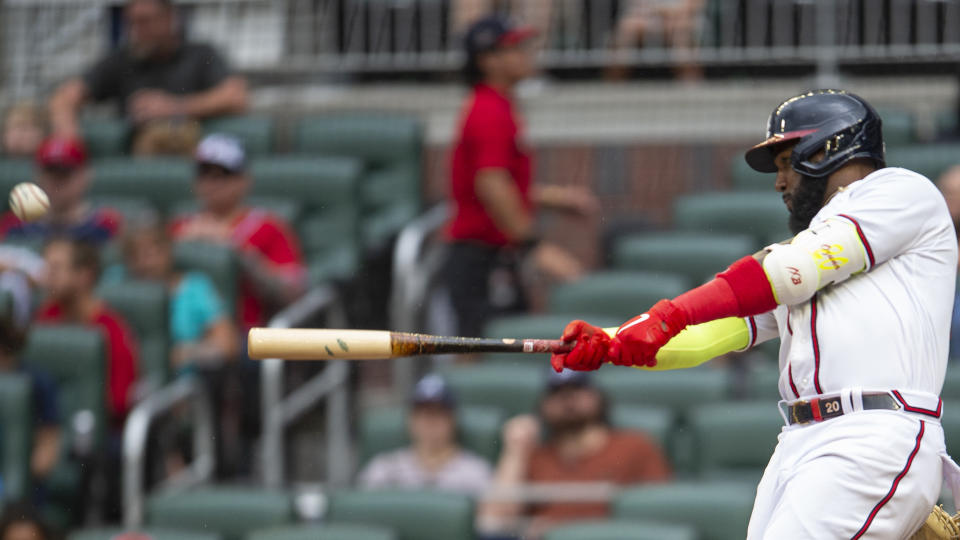 Atlanta Braves' Marcell Ozuna hit a solo home run in the fourth inning of a baseball against the Miami Marlins, Sunday, Sept. 4, 2022, in Atlanta. (AP Photo/Hakim Wright Sr.)