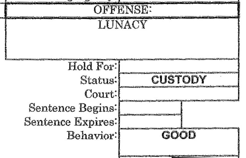 The booking form for Jimmy Sons, identifying his “offense” as “lunacy” Obtained by Mississippi Today