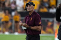 Arizona State coach Herm Edwards looks toward the scoreboard with his team his down against Eastern Michigan during the first half of an NCAA college football game Saturday, Sept. 17, 2022, in Tempe, Ariz. (AP Photo/Darryl Webb)