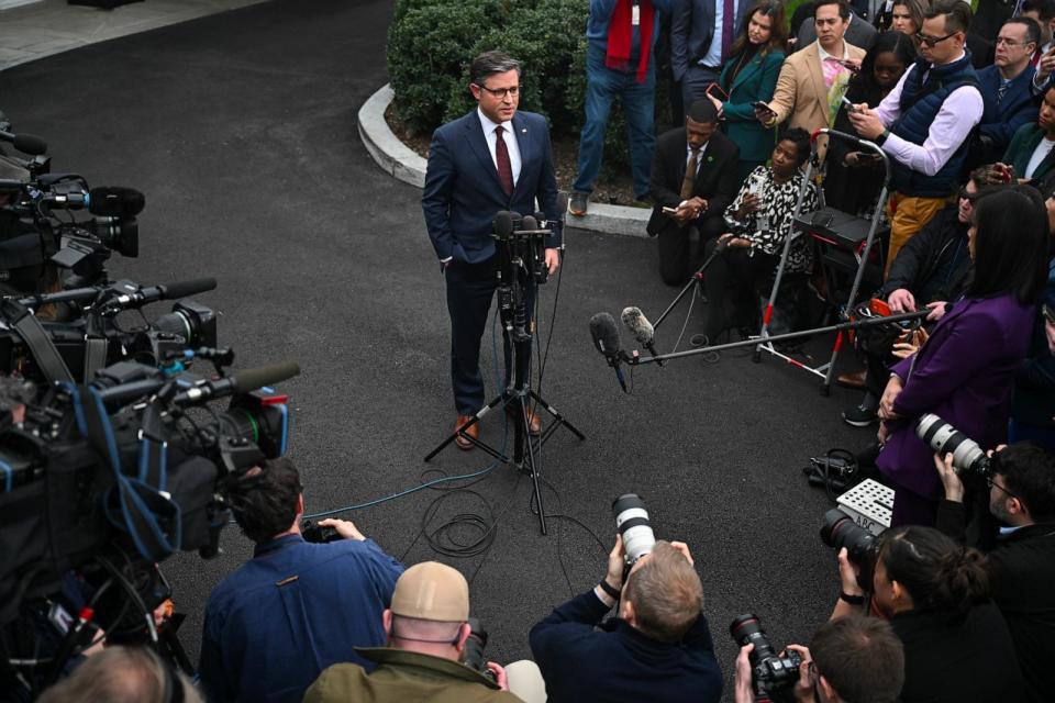 PHOTO: Speaker of the House Mike Johnson speaks to reporters after a meeting with US President Joe Biden and Congressional leadership at the White House in Washington, DC, on February 27, 2024. (Jim Watson/AFP via Getty Images)