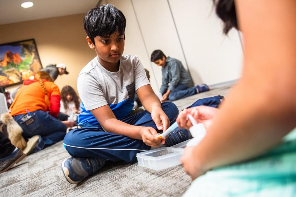 Jishnav Kasturi, 9, plays a game that teaches about pine beetles at Expedition Colorado, a natural resource and agriculture education event, at The Ranch Events Complex in Loveland on Wednesday.