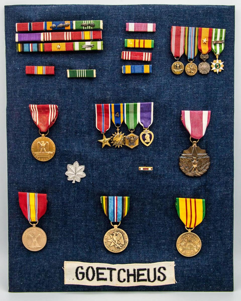 Jim Goetcheus’ collection of medals that he earned while serving 20 years in the Army, including a Bronze Star and a Purple Heart.