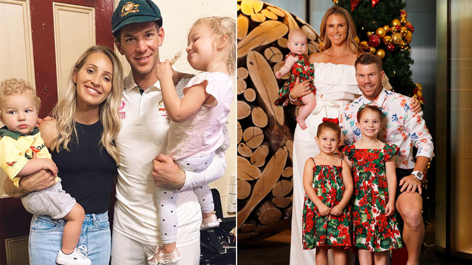 Seen here, Aussie players Tim Paine and David Warner with their respective families.