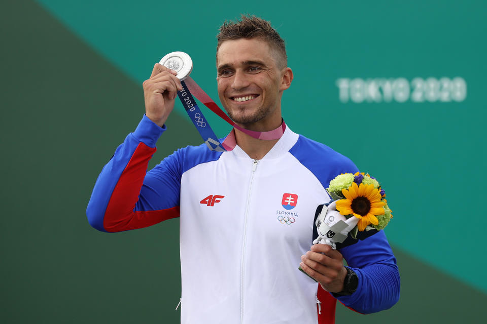 Jakub Grigar of Team Slovakia celebrates with silver medal