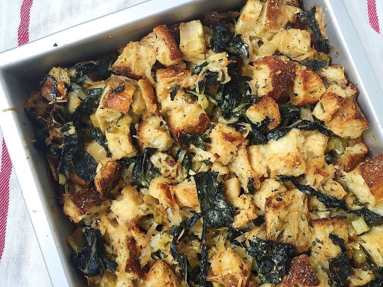 <p>This stuffing makes it easy to sneak in some greens with your roast dinner.</p><p>Get the <a href="https://www.delish.com/uk/cooking/recipes/a29696468/roasted-garlic-kale-stuffing-recipe/" rel="nofollow noopener" target="_blank" data-ylk="slk:Roasted Garlic And Kale Stuffing;elm:context_link;itc:0;sec:content-canvas" class="link ">Roasted Garlic And Kale Stuffing</a> recipe. </p>