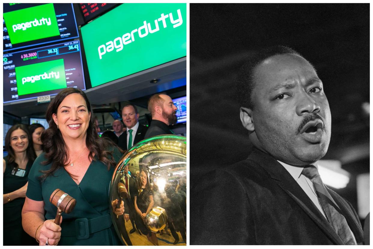 on the left, a photo of PagerDuty CEO Jennifer Tejada at PagerDuty's IPO, on the right, a photo of MLK giving a speech