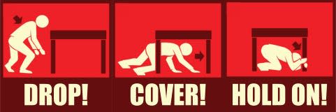 graphic showing DROP! COVER! HOLD ON! protocol for earthquakes with a human figure dropping, crawling under a table, and holding onto the table leg