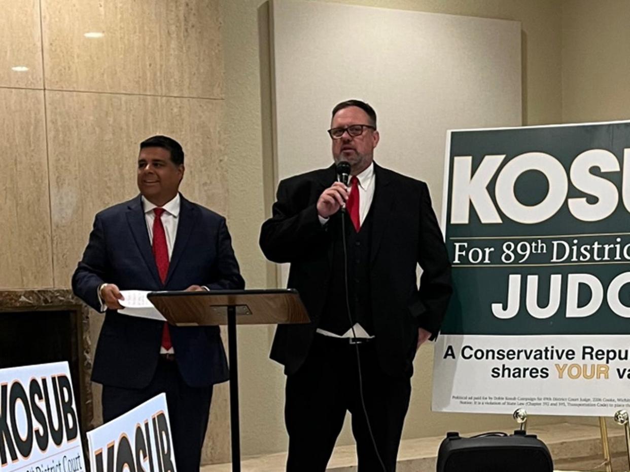 Prosecutor Dobie Kosub, right, is joined by brother-in-law Mayor Stephen Santellana in announcing his bid for election as 89th District Court judge Wednesday, May 31, 2023, at The Forum.