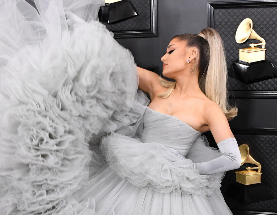 Ariana Grande in a sleeveless Grammys gown