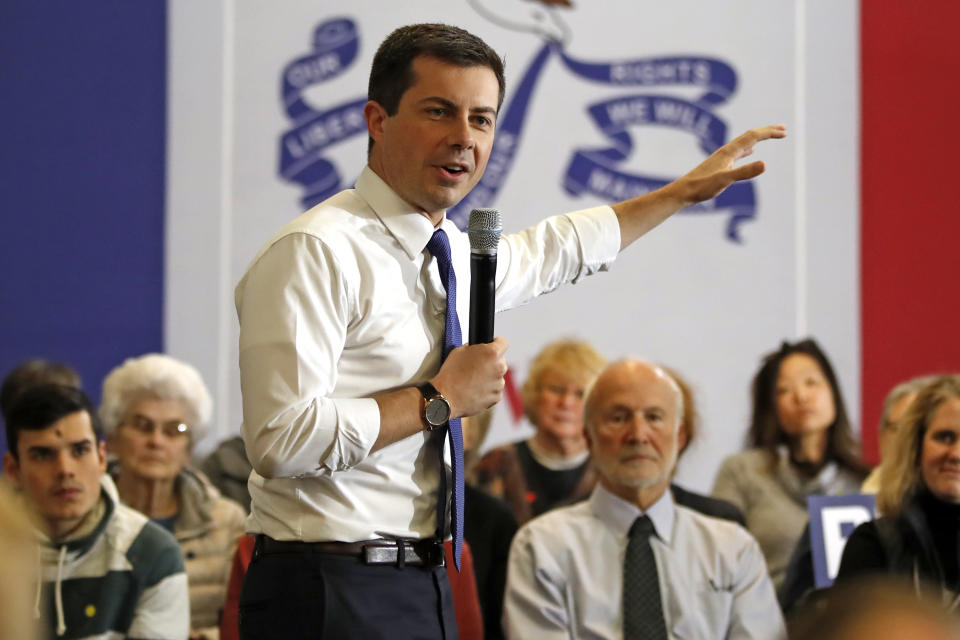 Democratic presidential candidate former South Bend, Ind., Mayor Pete Buttigieg speaks at a town hall meeting at the Iowa Wesleyan University Howe Student Activity Center, in Mount Pleasant, Iowa, Tuesday, Jan. 21, 2020. (AP Photo/Gene J. Puskar)