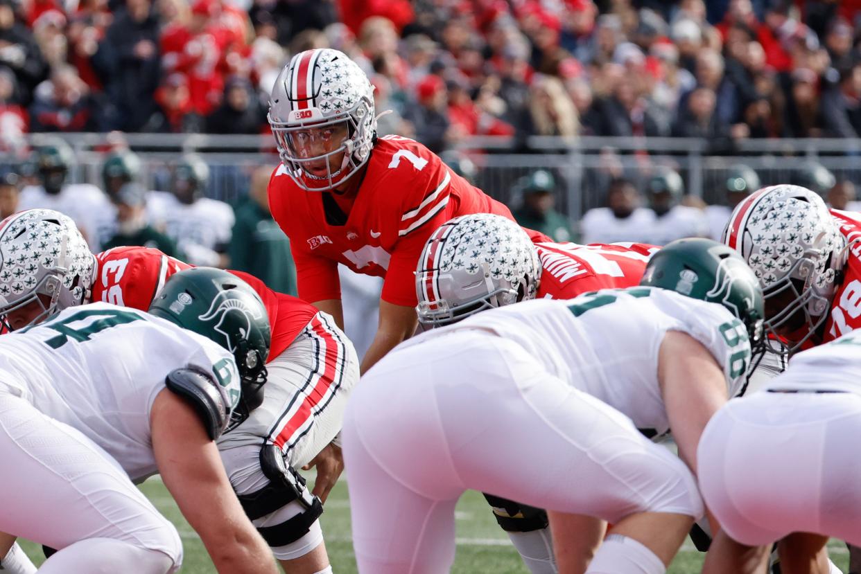 Ohio State Buckeyes quarterback C.J. Stroud prepares to take a snap against Michigan State during their 2021 game in Columbus, Ohio.