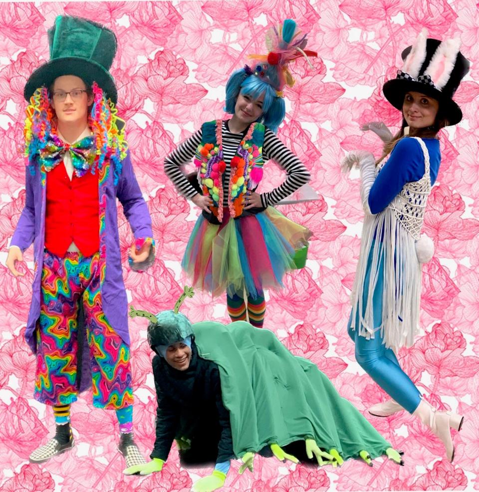 Owen Belfiore as Mad Hatter, Kate Conway as Tweedle, Mali Chappell-Lakin as March Hare and Camron Love as Oruca (bottom) are cast members of the College of Wooster's "Alicia from the Real in Wonderland."