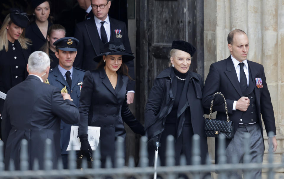 LONDON, ENGLAND - SEPTEMBER 19: Sophie Winkleman, Princess Michael of Kent and Lord Frederick Windsor leaving Westminster Abbey during the State Funeral of Queen Elizabeth II on September 19, 2022 in London, England. Elizabeth Alexandra Mary Windsor was born in Bruton Street, Mayfair, London on 21 April 1926. She married Prince Philip in 1947 and ascended the throne of the United Kingdom and Commonwealth on 6 February 1952 after the death of her Father, King George VI. Queen Elizabeth II died at Balmoral Castle in Scotland on September 8, 2022, and is succeeded by her eldest son, King Charles III.  (Photo by Chris Jackson/Getty Images)