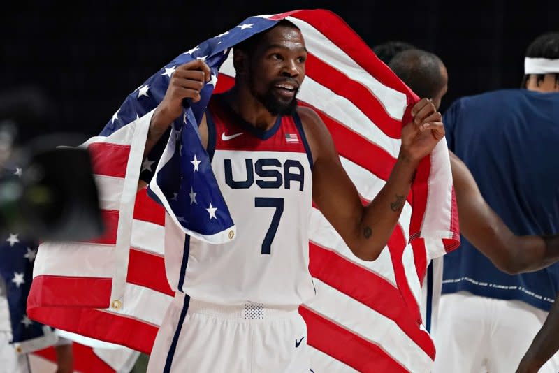 NBA All-Star Kevin Durant, a three-time Olympic gold medalist, plans to play for Team USA at the 2024 Summer Games. File Photo by Richard Ellis/UPI