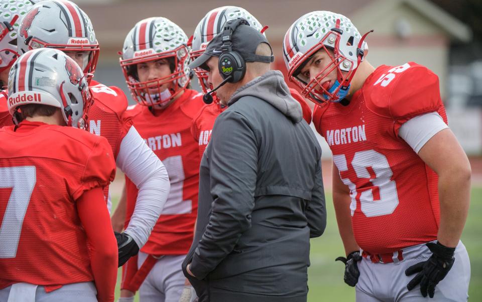 Morton lineman Dennis Dracup (53) and the Potters listen to head coach Adam O'Neill during a timeout in the second half of their Class 5A state football playoff game against New Lenox Providence on Saturday, Oct. 28, 2023 in Morton.