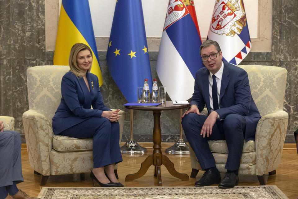 Ukraine's First Lady Olena Zelenska, left, is seen during a meeting with Serbian President Aleksandar Vucic, in Belgrade, Serbia, Monday, May 13, 2024. Zelenska, who has arrived together with Ukraine's Foreign Minister Dmytro Kuleba on a surprise visit to Russia-friendly Serbia, held talks on Monday in Belgrade in a sign of warming relations between the two states. (AP Photo/Marko Drobnjakovic)