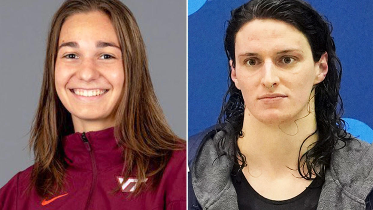 Pictured left is Virginia Tech swimmer Reka Gyorgy alongside a photo of transgender rival, Lia Thomas. 