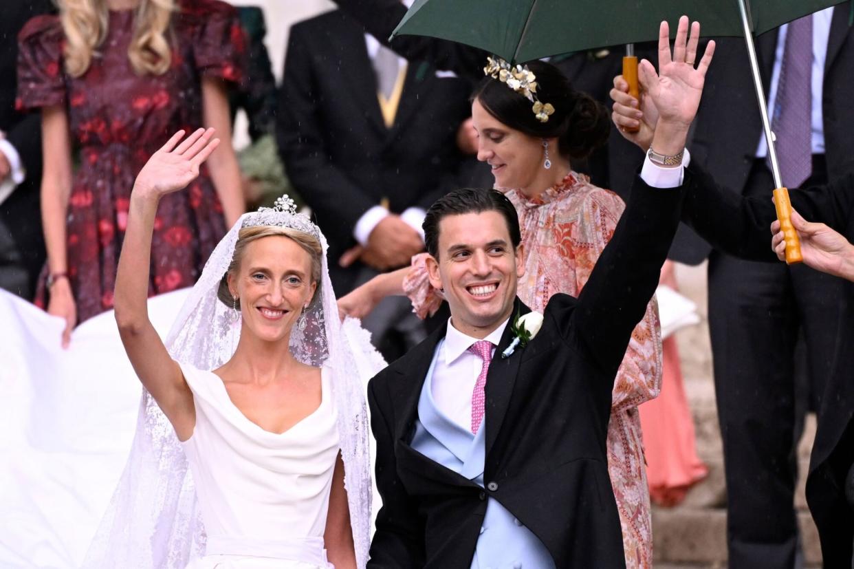 Mandatory Credit: Photo by Shutterstock (13380549aj) Princess Maria Laura and William Isvy pictured leaving after the wedding ceremony of Princess Maria-Laura of Belgium and William Isvy, at the Saint Michael and Saint Gudula Cathedral (Cathedrale des Saints Michel et Gudule / Sint-Michiels- en Sint-Goedele kathedraal), Saturday 10 September 2022, in Brussels. Royal Wedding Princess Maria Laura With William Isvy, Brussels, Belgium - 10 Sep 2022