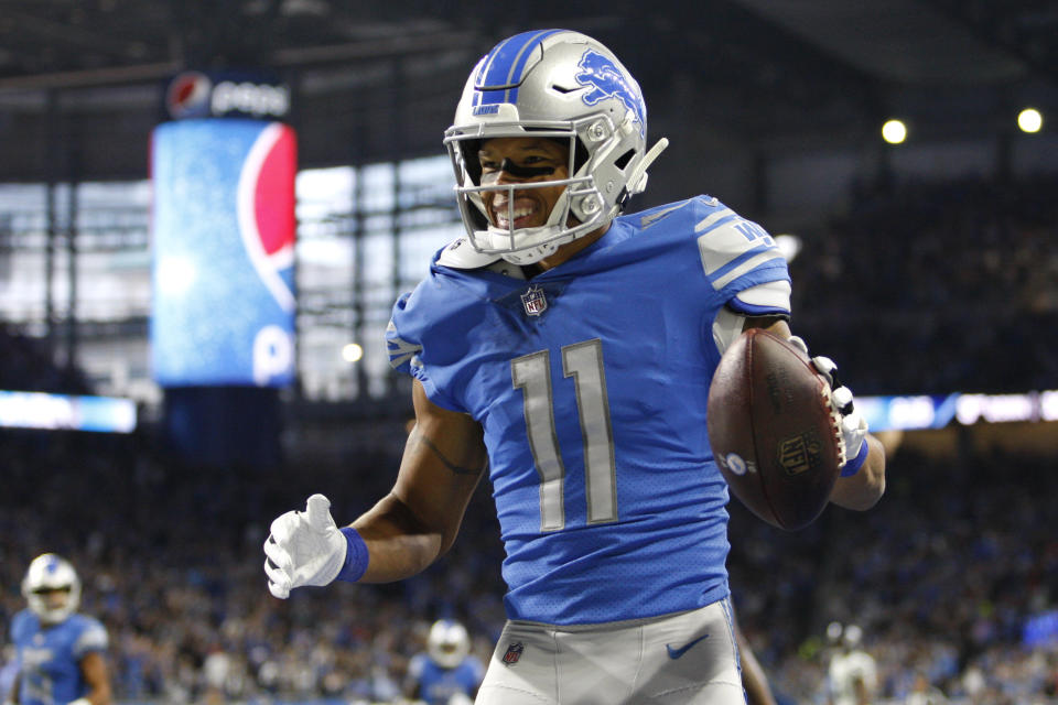 Oct 28, 2018; Detroit, MI, USA; Detroit Lions wide receiver Marvin Jones (11) celebrates after scoring a touchdown during the first quarter against the Seattle Seahawks at Ford Field. Mandatory Credit: Raj Mehta-USA TODAY Sports