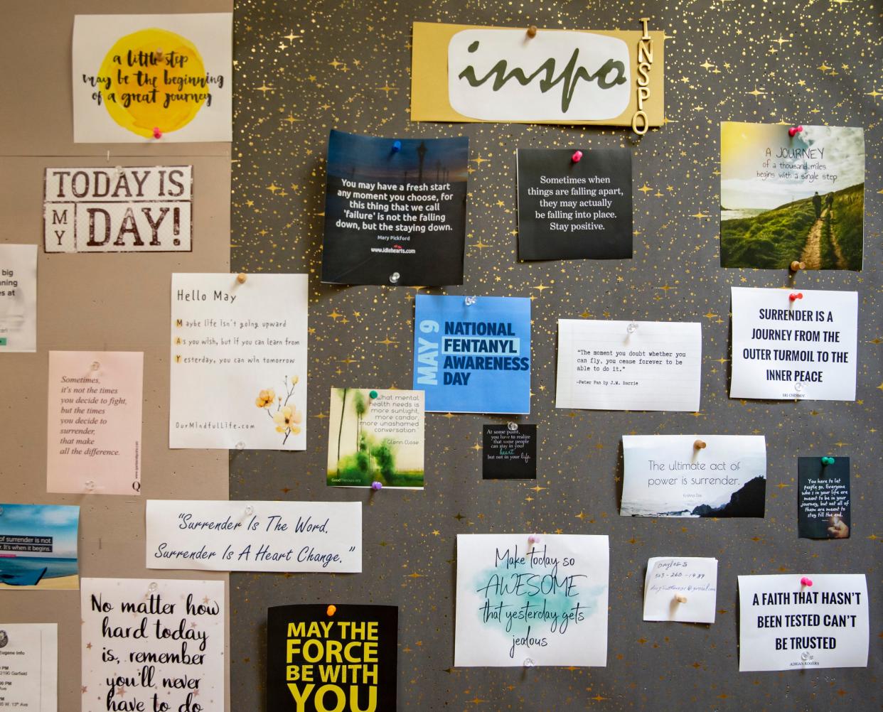 Messages of encouragement and inspiration fill a bulletin board at Serenity Lane’s Coburg campus May 3.